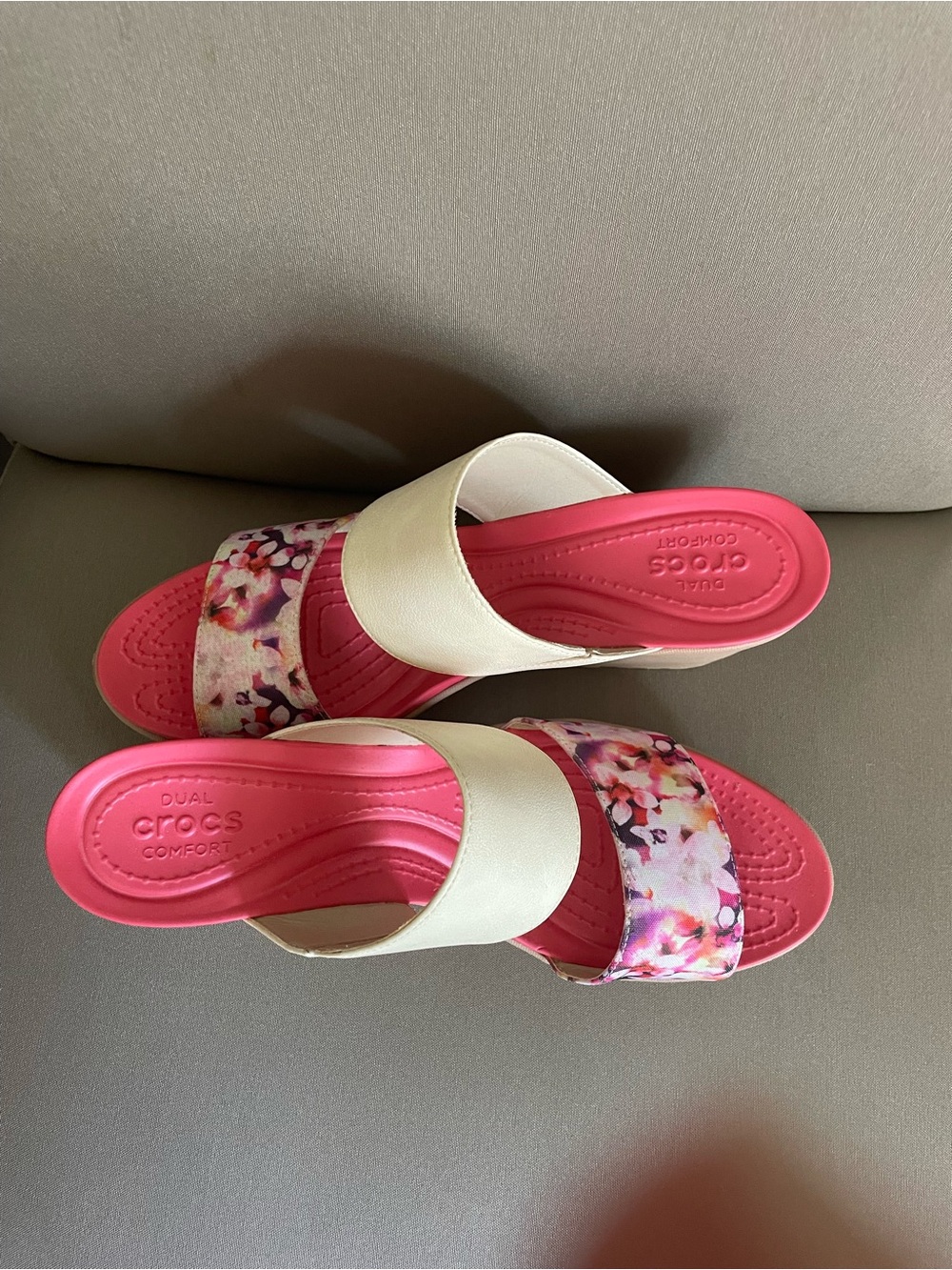 CROCS Women's Dual Strap Slide Sandals in Pink and Cream with Floral Accent